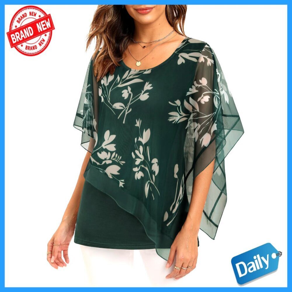 Mesh Blouse Poncho Top Flowy Tunic Dressy Casual Shirt